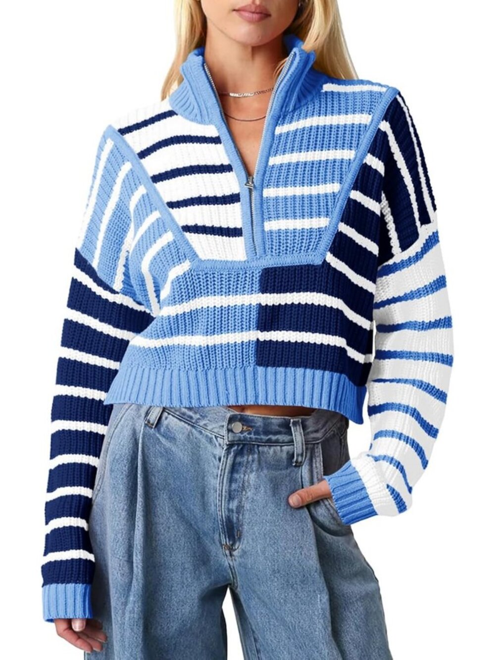 Cropped Striped Color Block Sweater | Zip Up Long Sleeve Mock Neck Pullover